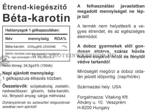 VitaKing Béta-karotin 25000 NE 100 gélkapszula 